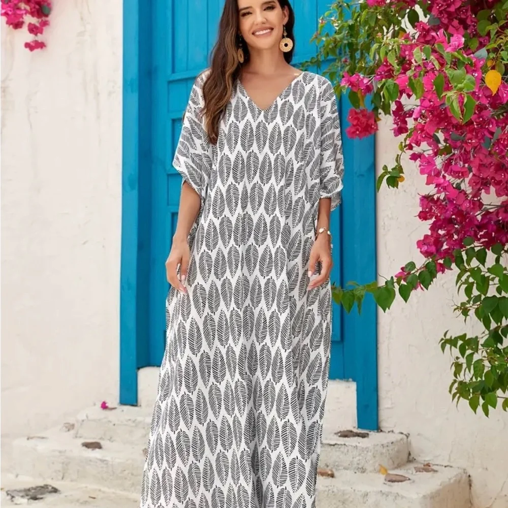 Caftan Boho Chic Batwing Sleeve Leaf Print Cover Up Dress, One Size, NWOT - Picture 4 of 5